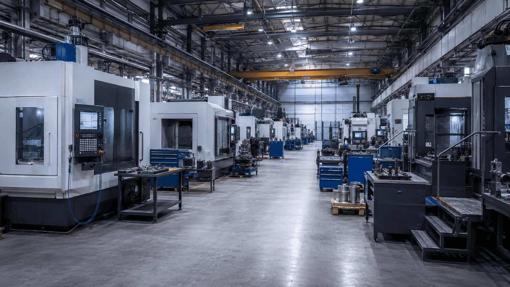 Industriehalle mit Maschinen für Metallbearbeitung