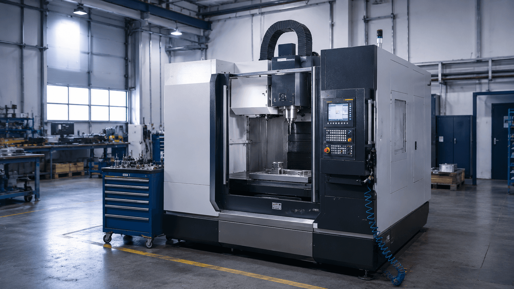Gebrauchte CNC-Werkzeugmaschine in moderner Fertigungshalle