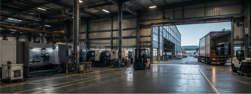 Industriehalle mit Werkzeugmaschinen und vorbereiteter Maschinenlogistik