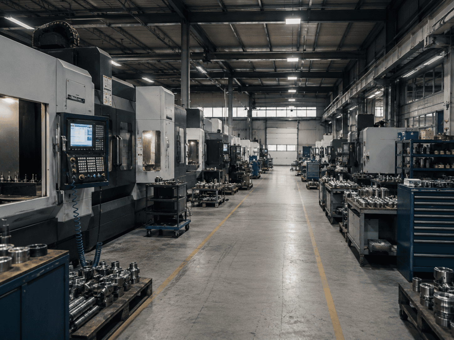 Geordnete Industriehalle mit mehreren Werkzeugmaschinen
