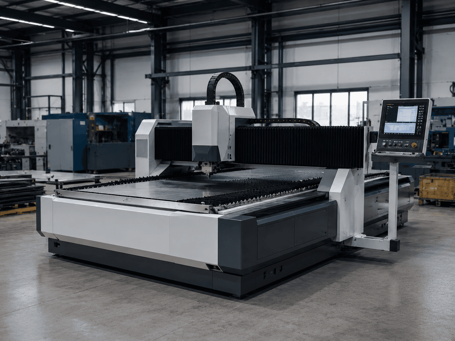 Laserschneidmaschine in moderner Industriehalle