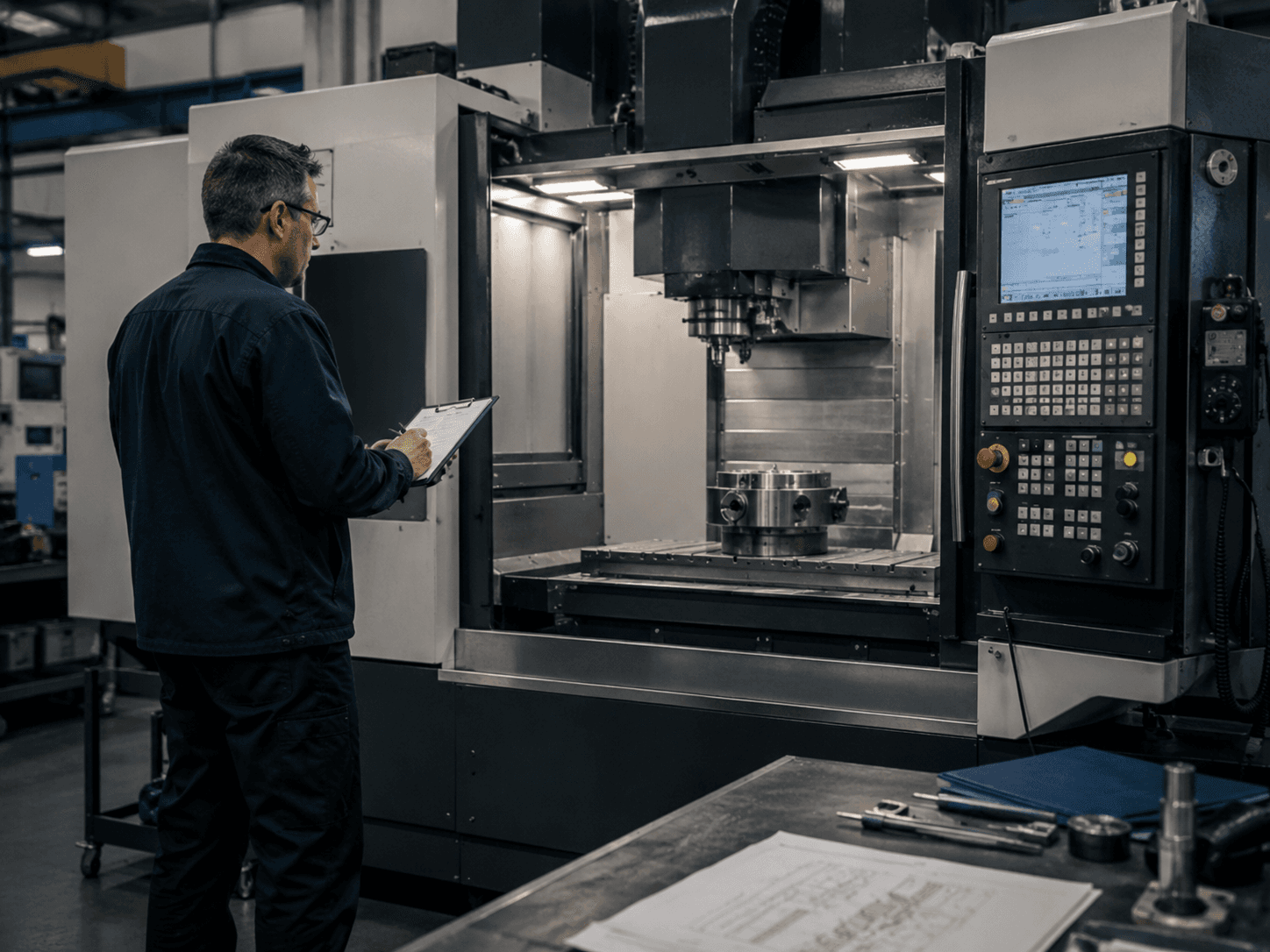 Prüfung einer Werkzeugmaschine in Industriehalle